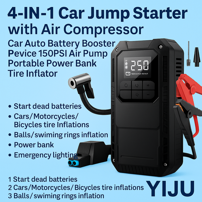 Heavy-Duty 4-in-1 Car Jump Starter with Air Pump and Power Bank